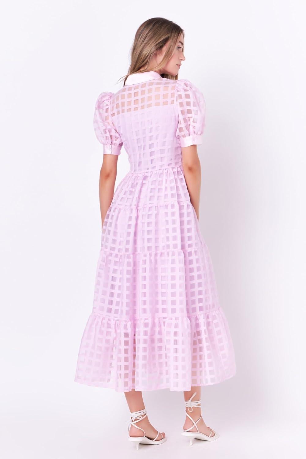 image:imageEnglish Factory Womens Collar Neckline Gridded Organza Tiered Short Puff Sleeve Buttoned ALine Maxi Dress Lilac XS