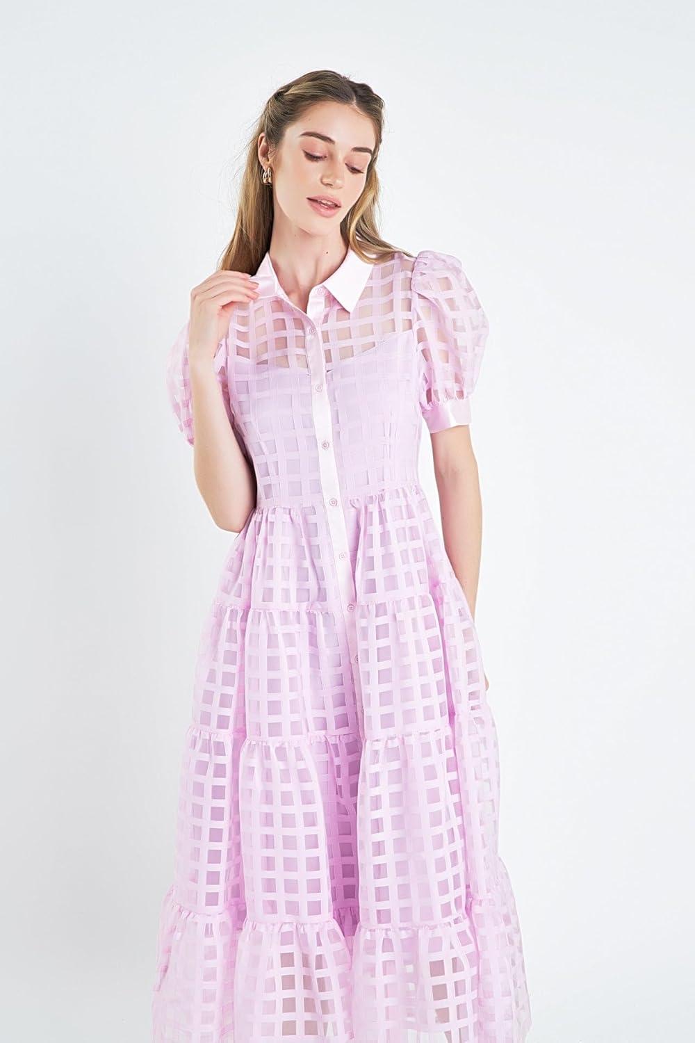 image:imageEnglish Factory Womens Collar Neckline Gridded Organza Tiered Short Puff Sleeve Buttoned ALine Maxi Dress Lilac XS