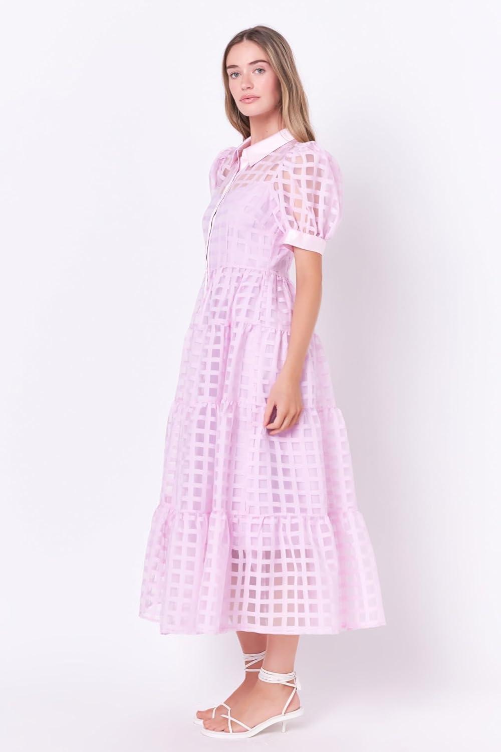 image:imageEnglish Factory Womens Collar Neckline Gridded Organza Tiered Short Puff Sleeve Buttoned ALine Maxi Dress Lilac XS
