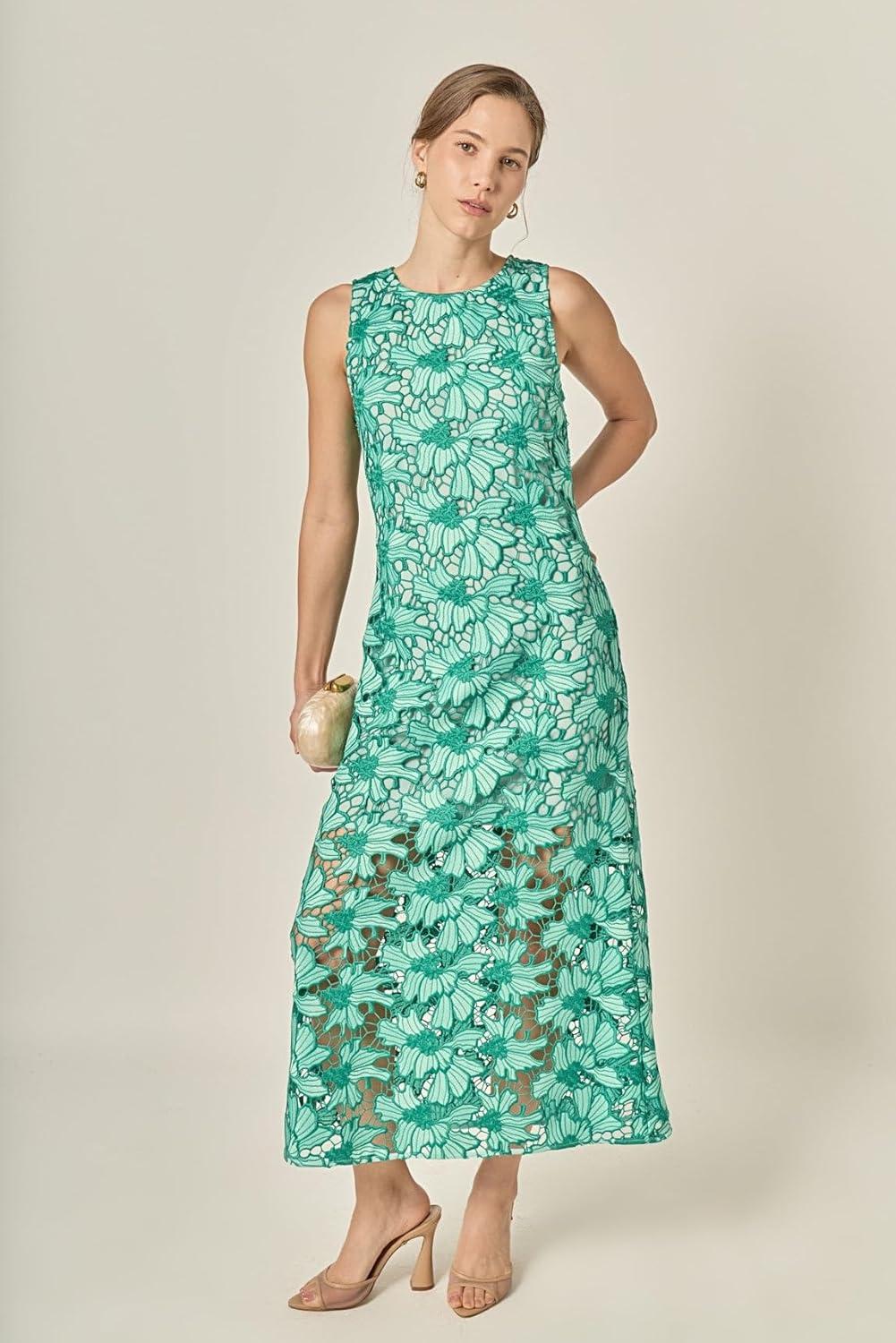 image:imageEnglish Factory Womens Floral Embroidered Midi DressGreen