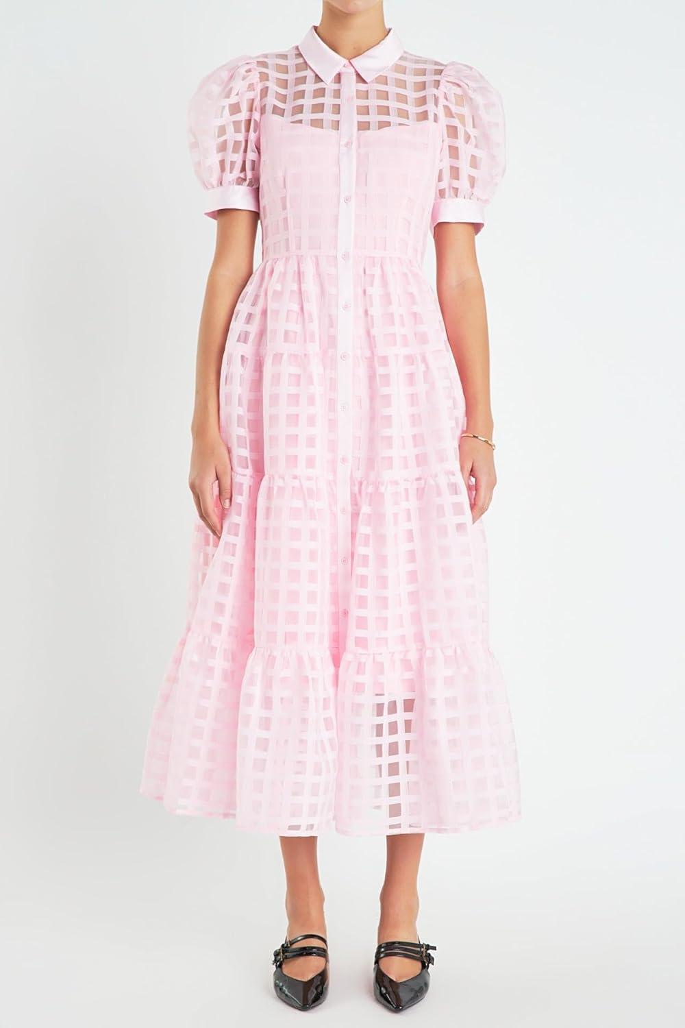 image:imageEnglish Factory Womens Gridded Organza Tiered Maxi Dress Baby Pink S