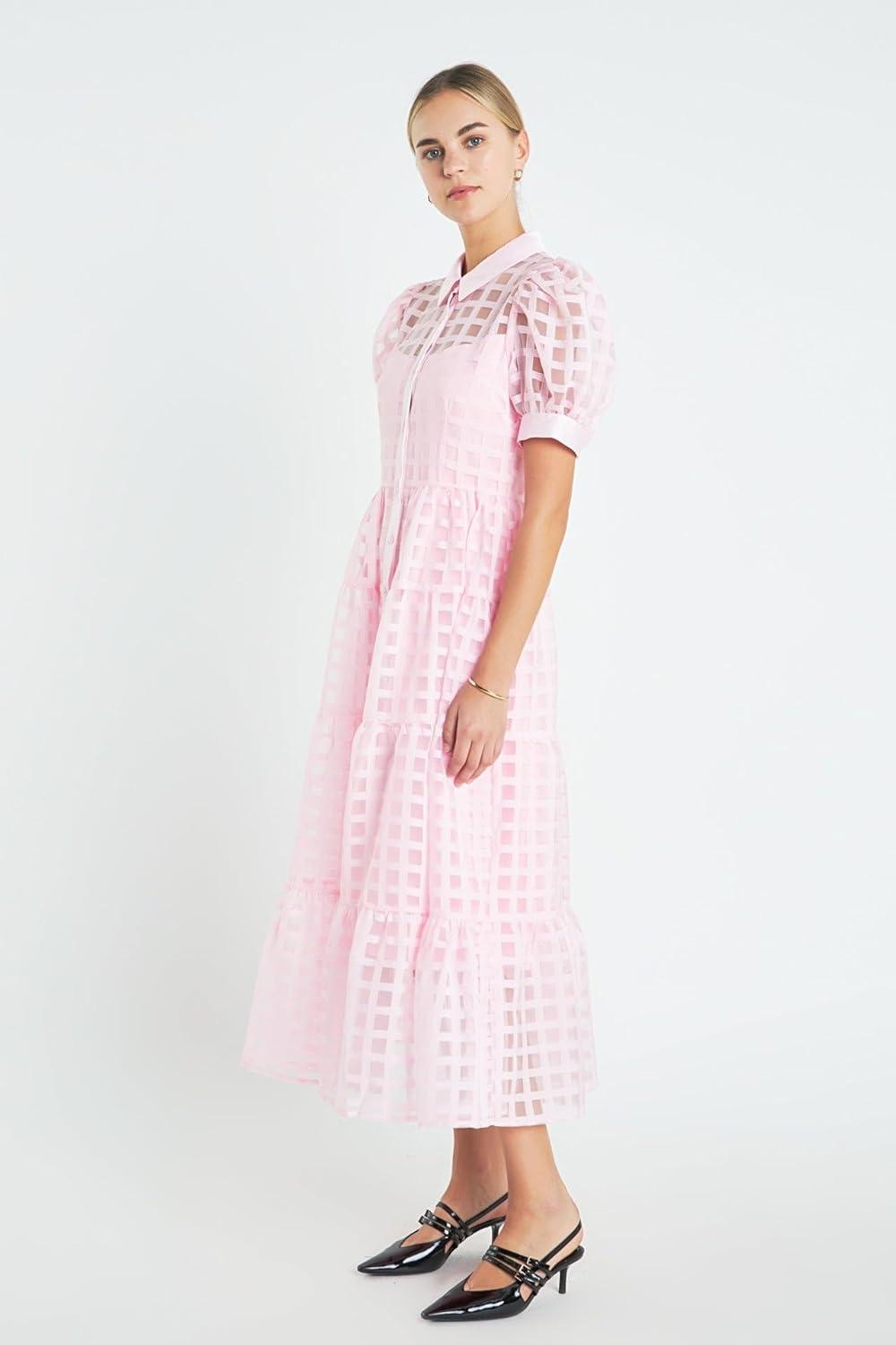 image:imageEnglish Factory Womens Gridded Organza Tiered Maxi Dress Baby Pink S