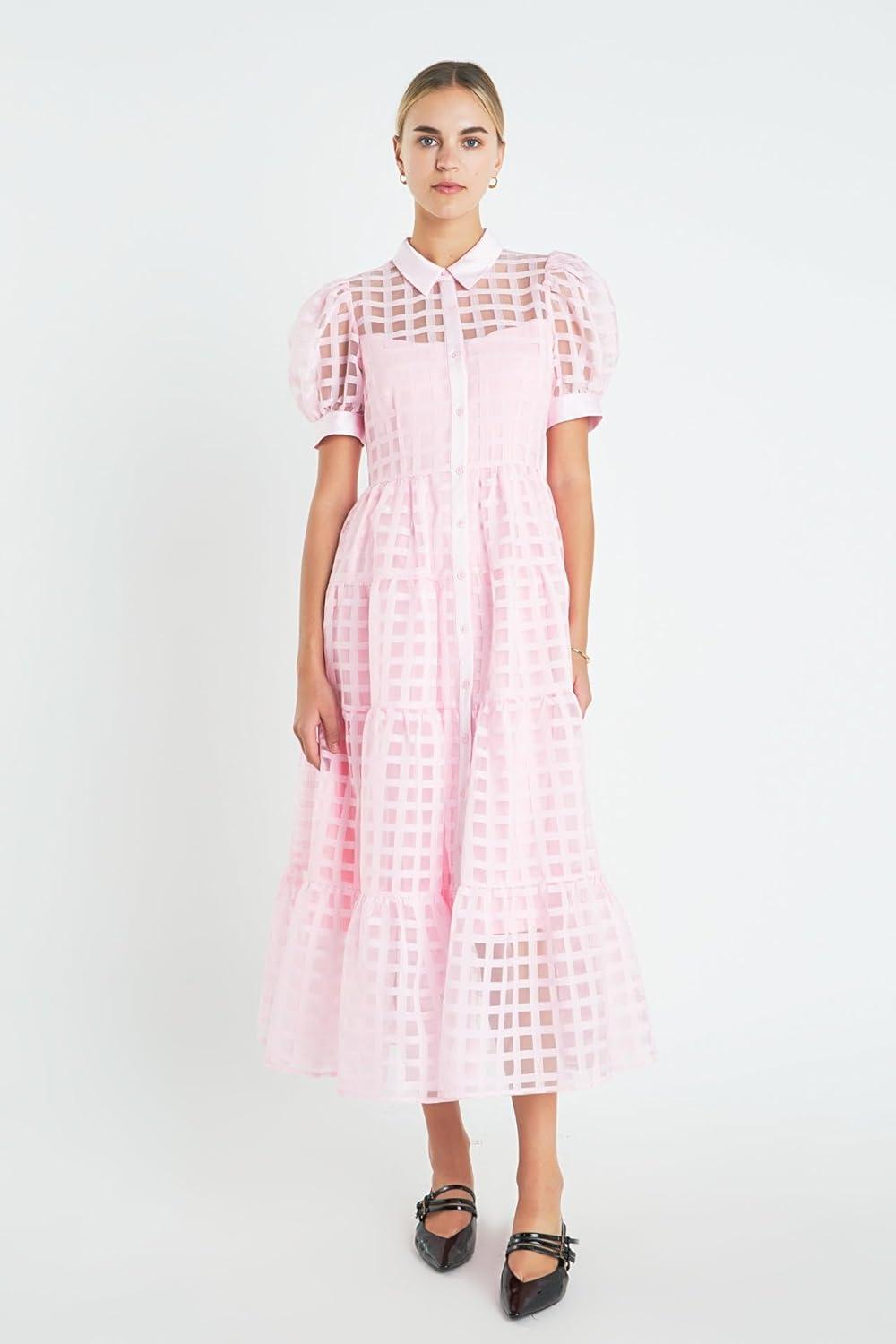 image:imageEnglish Factory Womens Gridded Organza Tiered Maxi Dress Baby Pink S