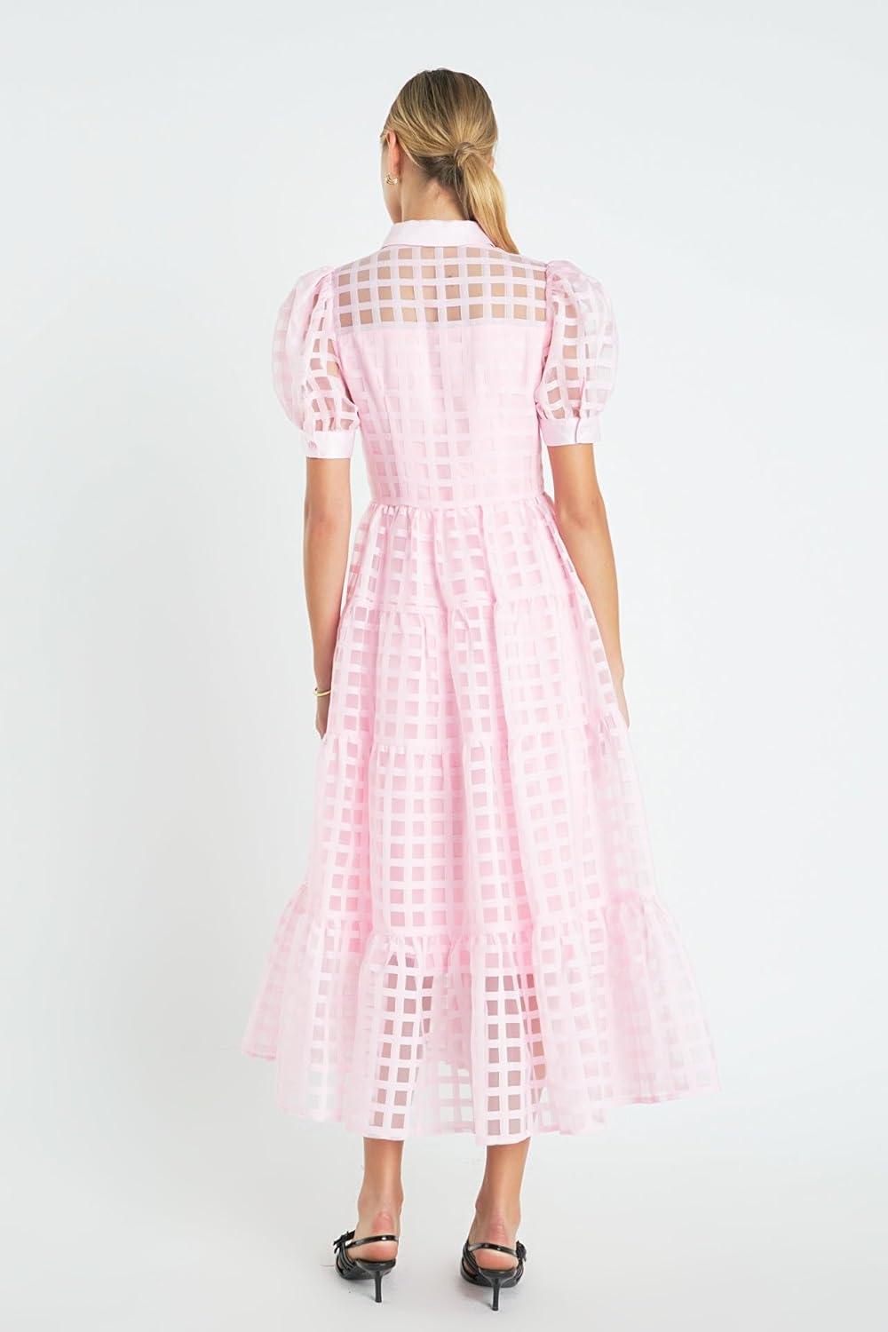 image:imageEnglish Factory Womens Gridded Organza Tiered Maxi Dress Baby Pink S