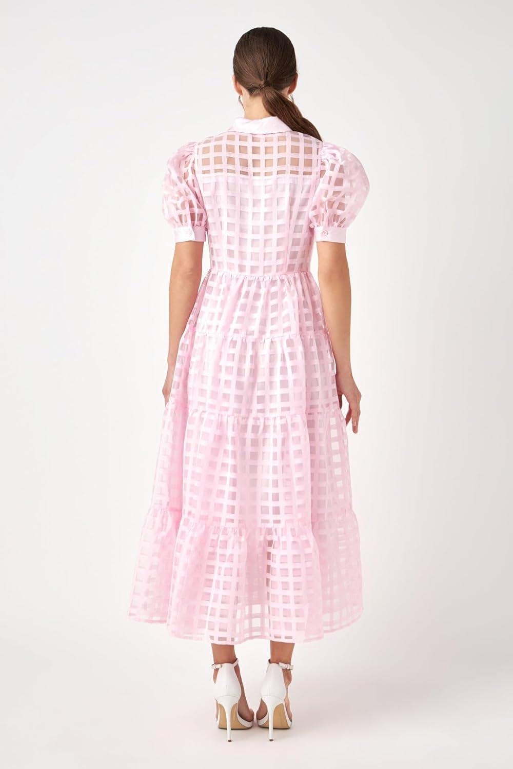 image:imageEnglish Factory Womens Gridded Organza Tiered Maxi Dress Baby Pink XS