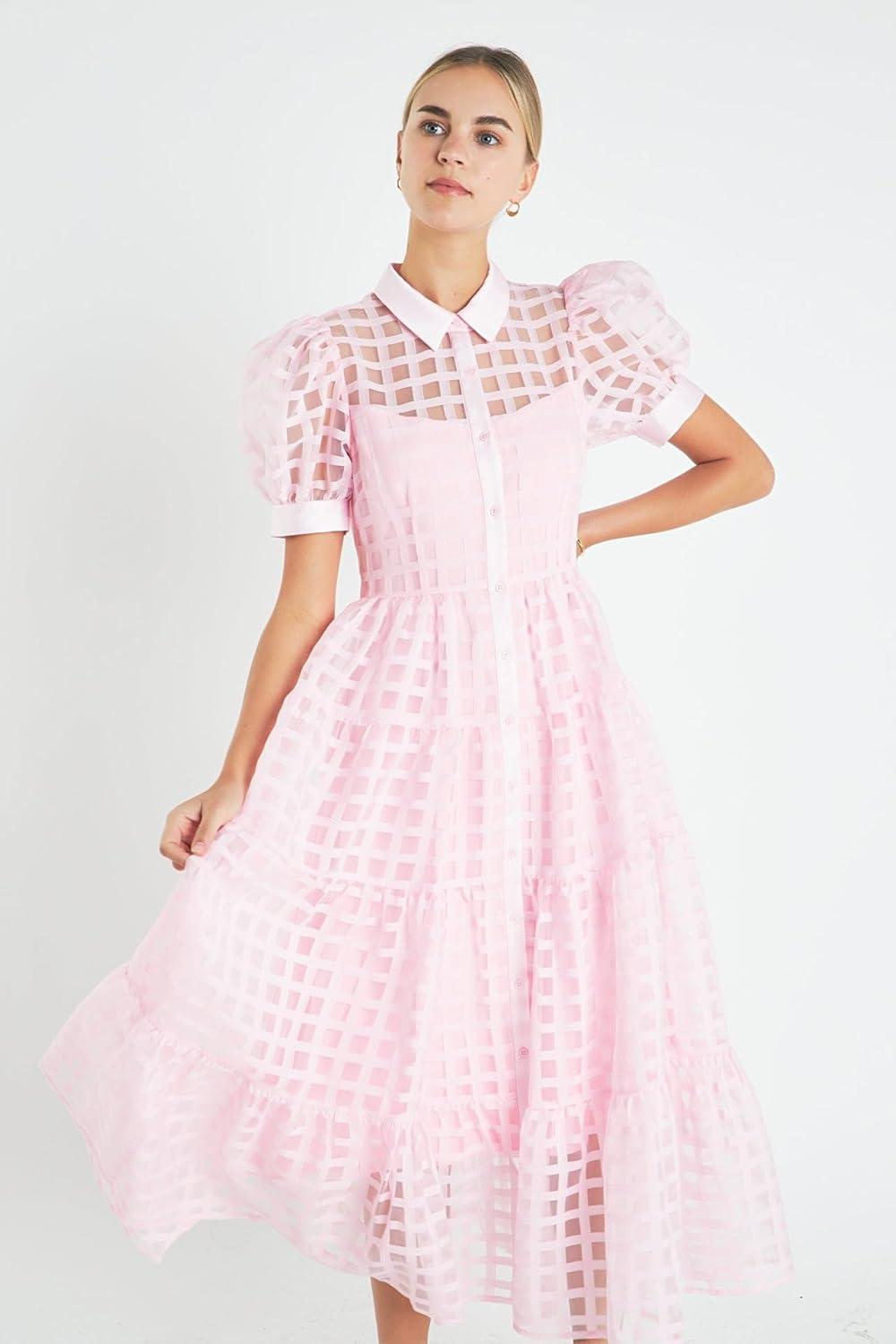 image:imageEnglish Factory Womens Gridded Organza Tiered Maxi Dress Baby Pink XS