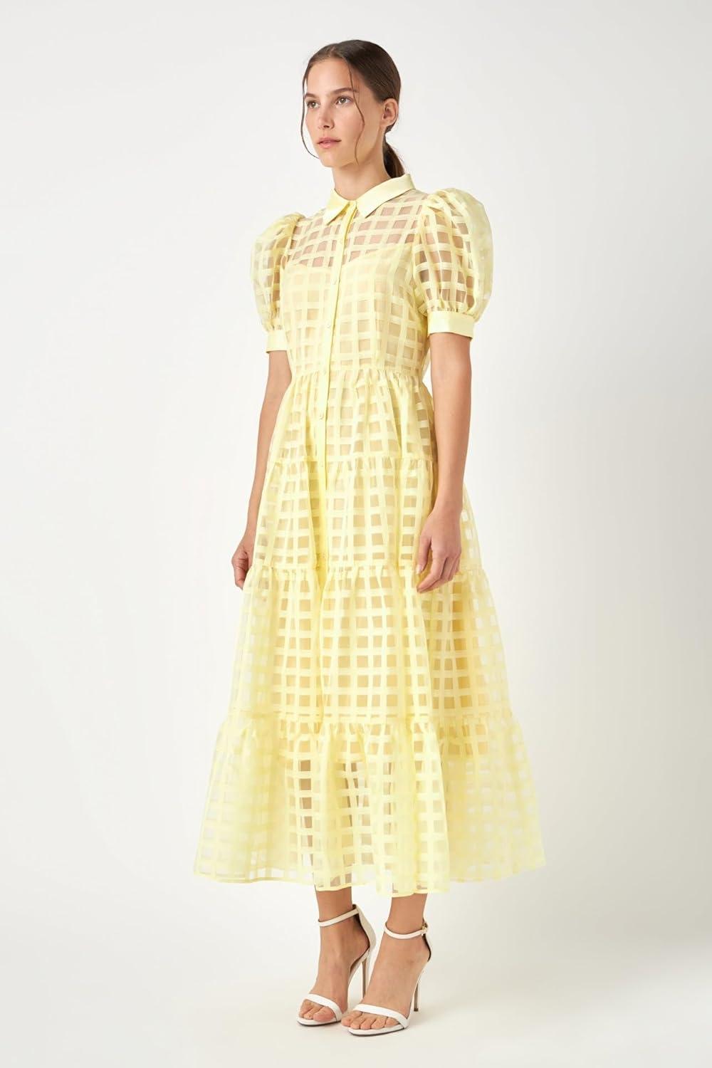 image:imageEnglish Factory Womens Gridded Organza Tiered Maxi Dress Light Yellow S