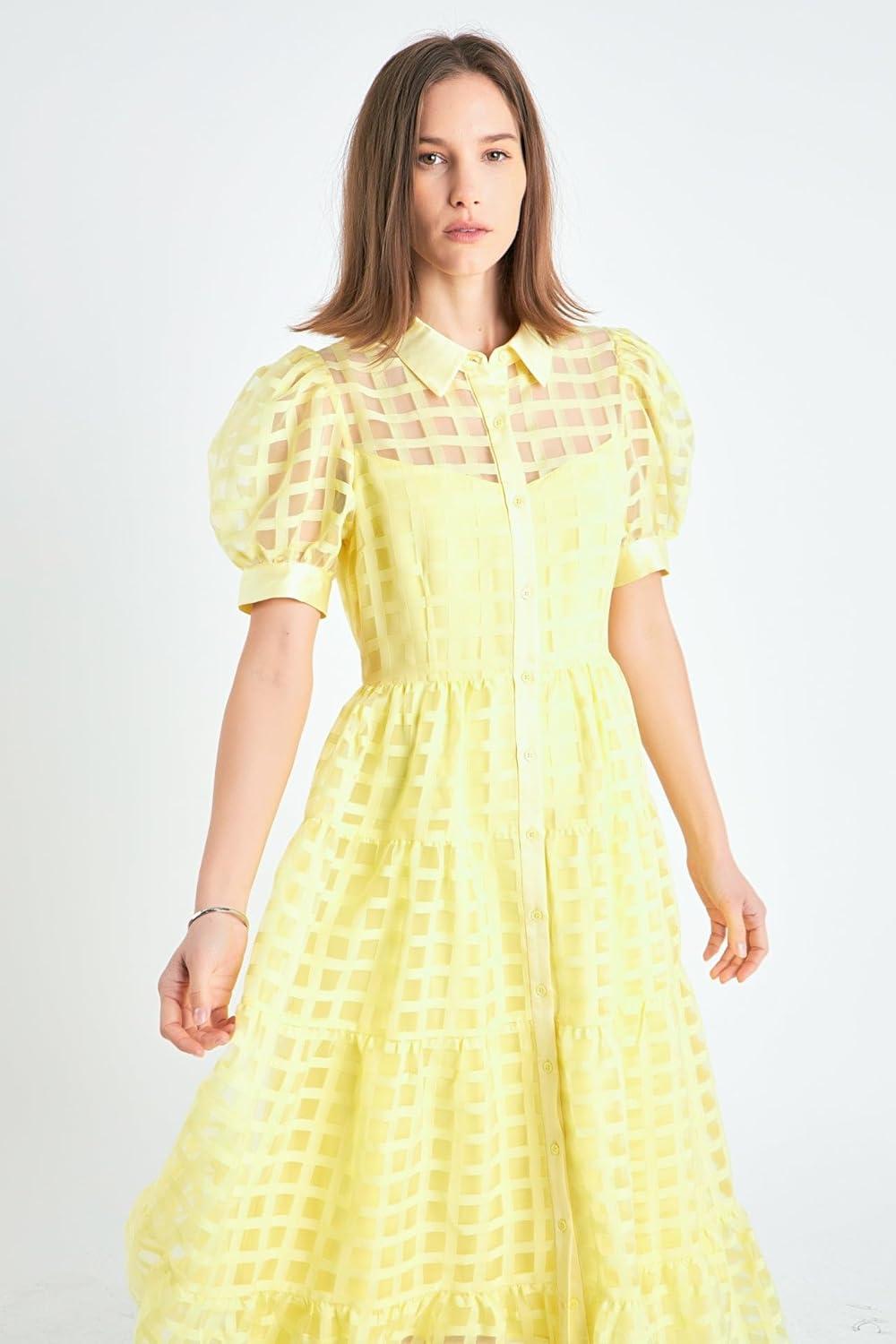image:imageEnglish Factory Womens Gridded Organza Tiered Maxi Dress Light Yellow S