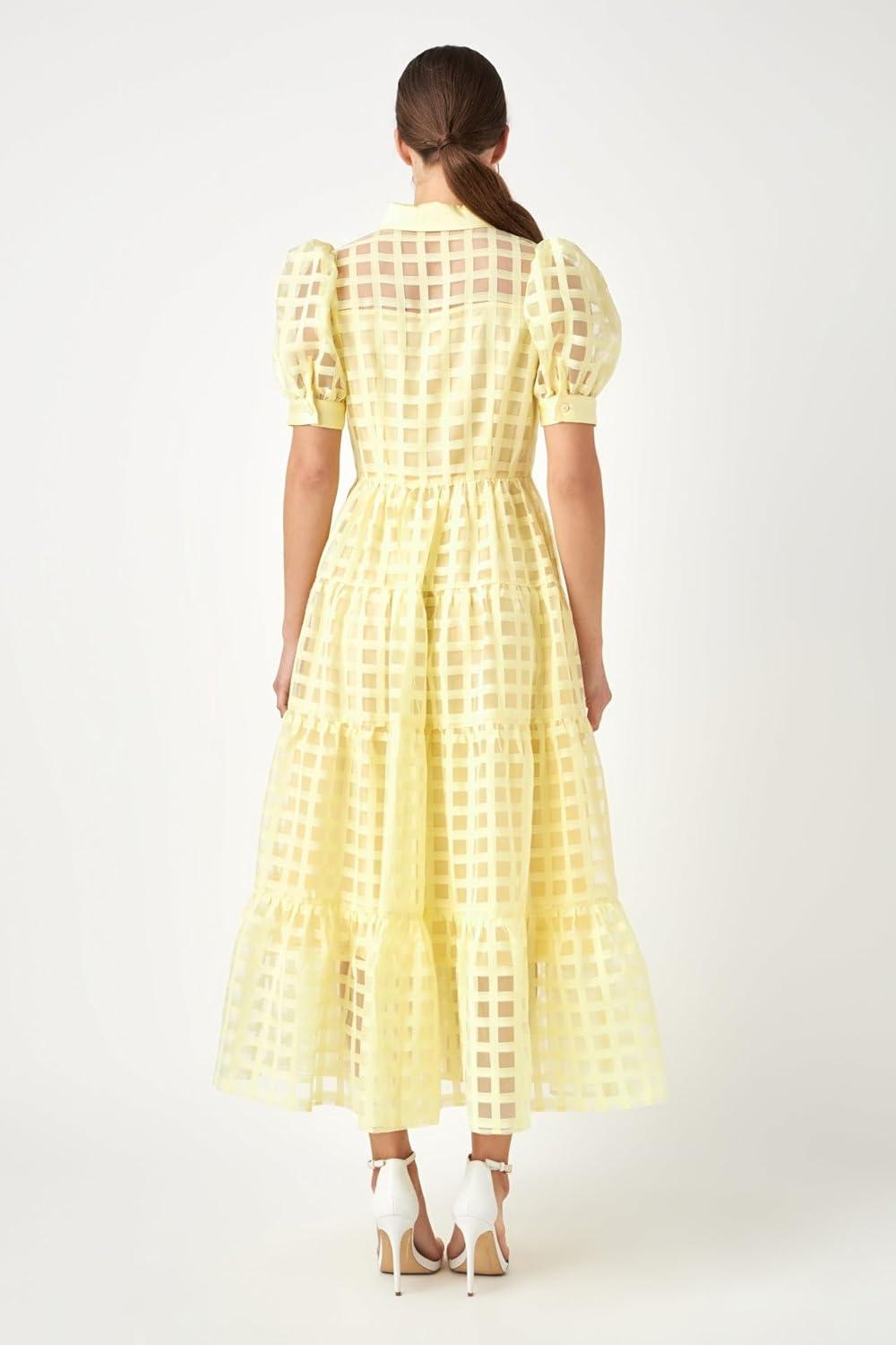 image:imageEnglish Factory Womens Gridded Organza Tiered Maxi Dress Light Yellow S