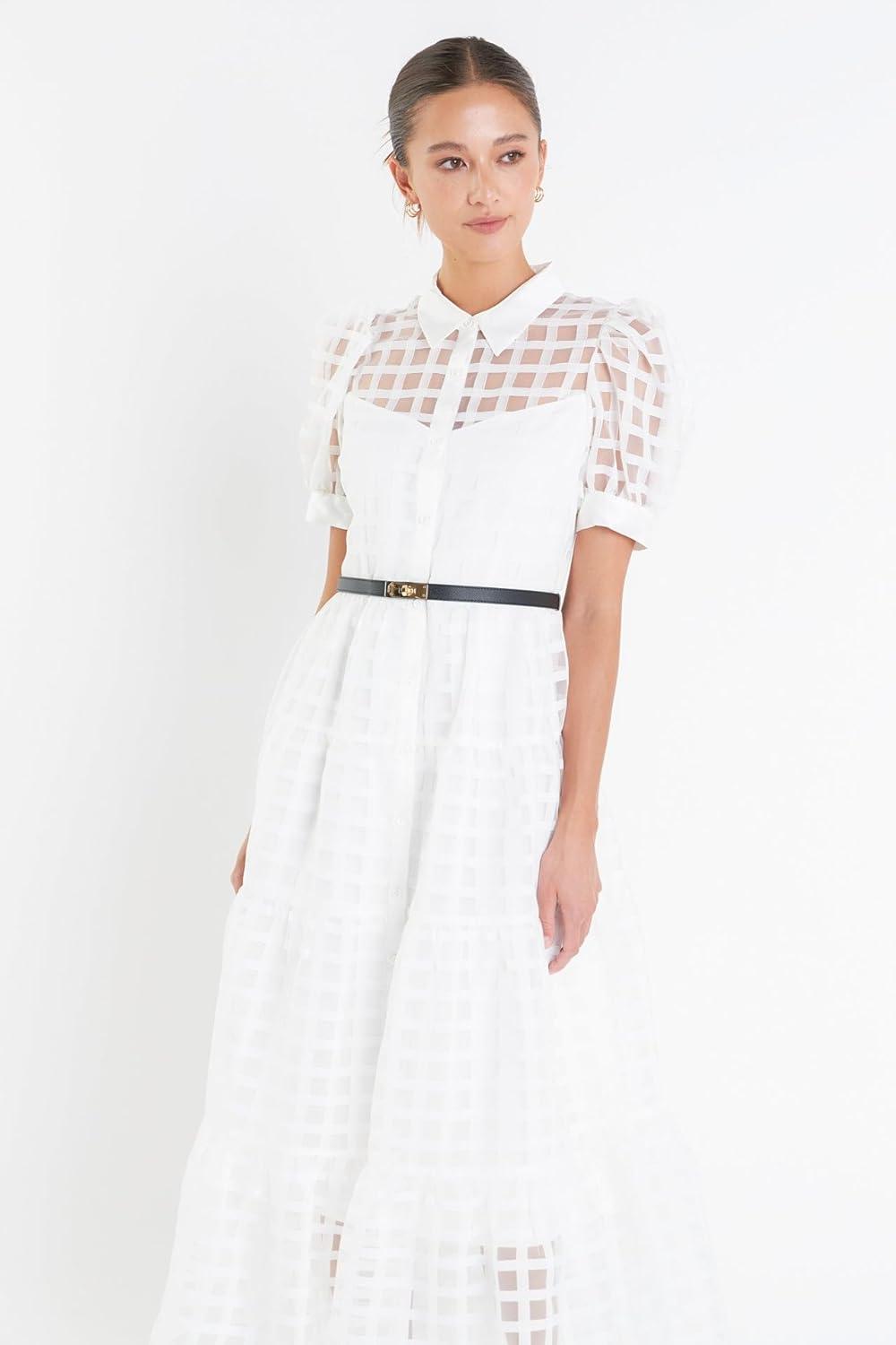 image:imageEnglish Factory Womens Gridded Organza Tiered Maxi DressWhite
