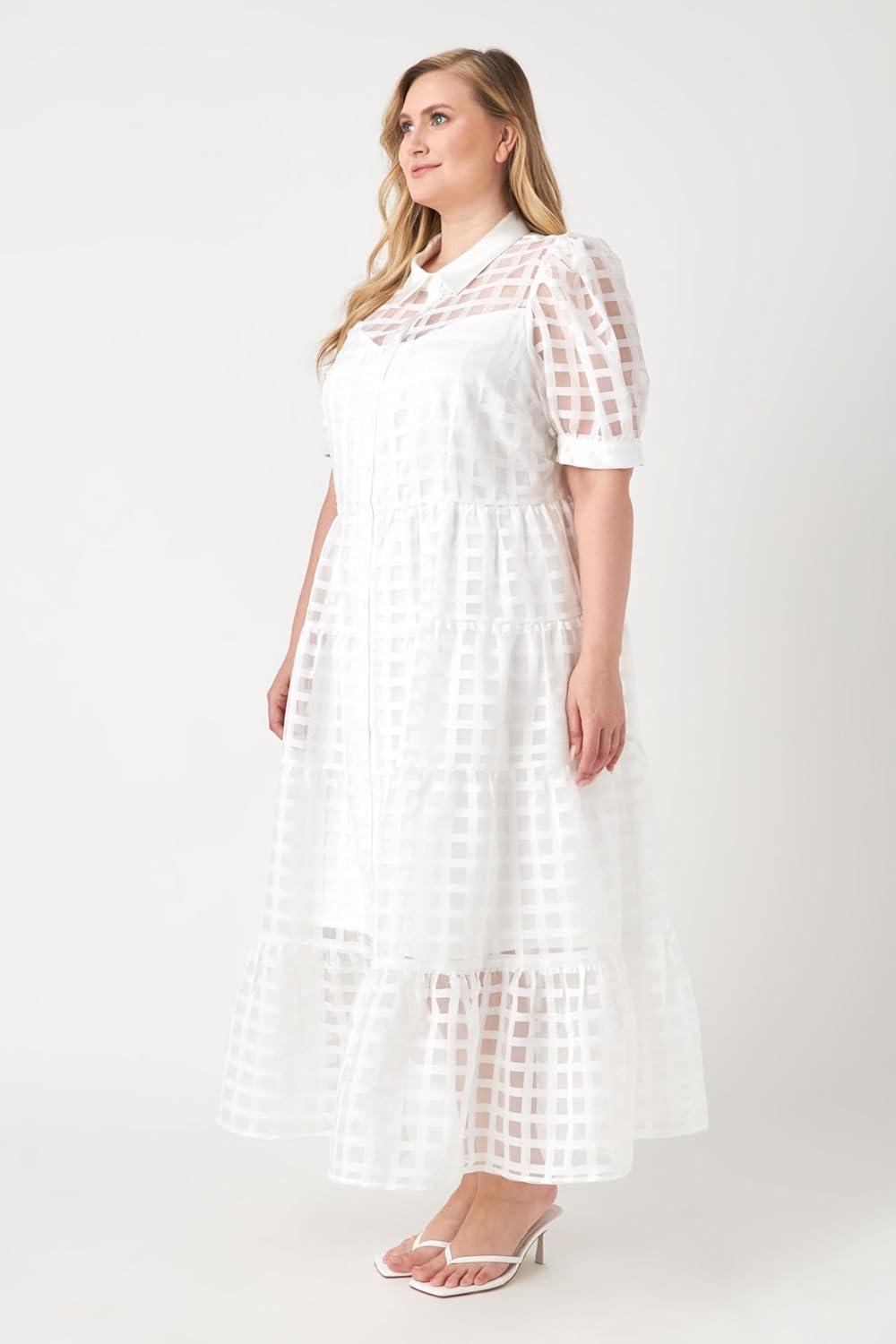 image:imageEnglish Factory Womens Gridded Organza Tiered Maxi DressWhite