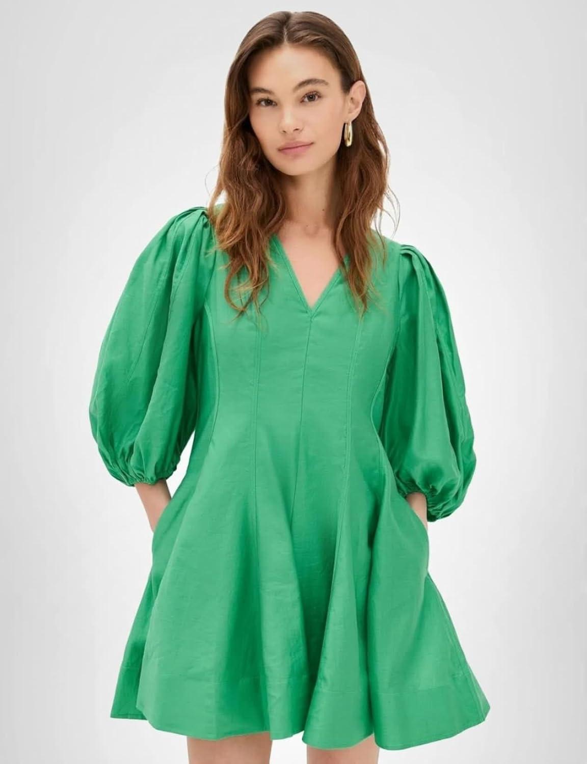 image:imageEnglish Factory Womens Puff Sleeve Flare Mini DressGreen