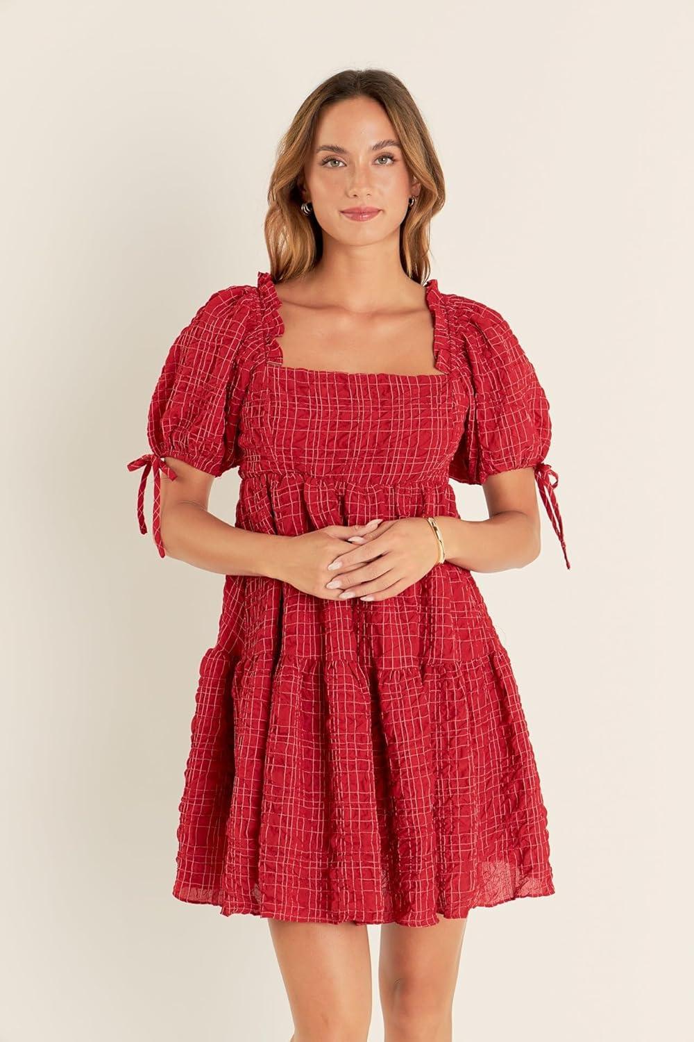 image:imageGingham Flounce Crinkled DressBurgundy