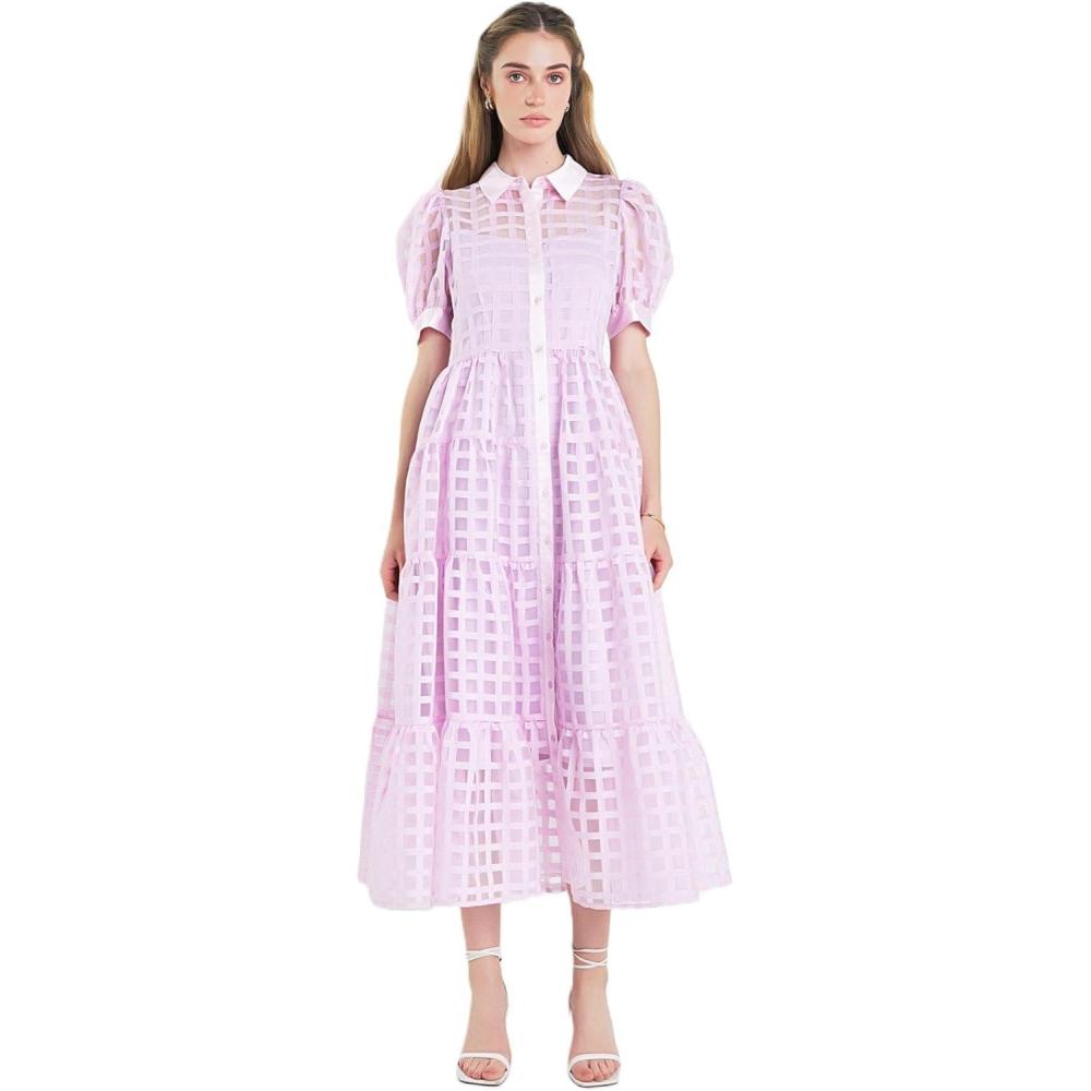image:imageEnglish Factory Womens Collar Neckline Gridded Organza Tiered Short Puff Sleeve Buttoned ALine Maxi Dress Lilac XS