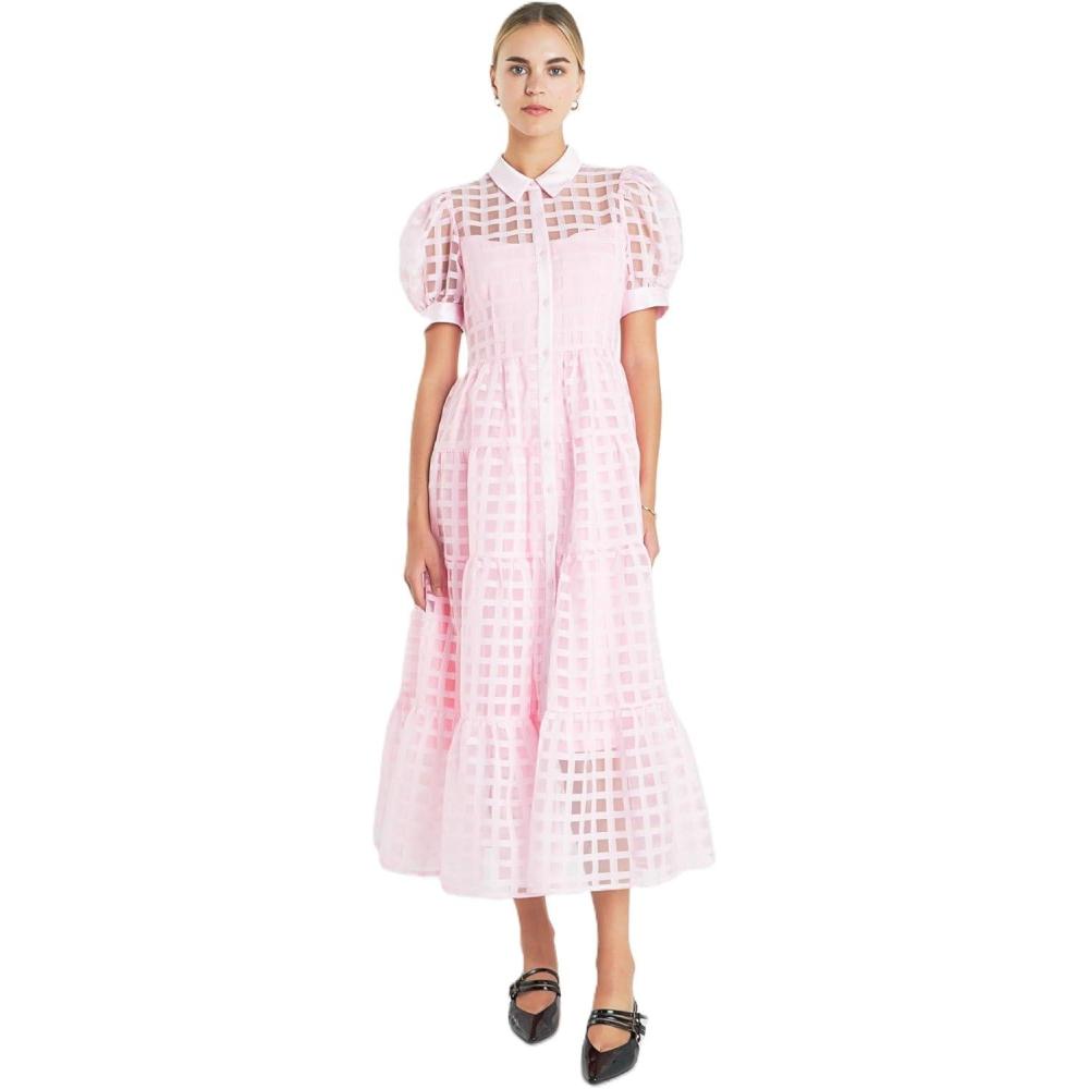image:imageEnglish Factory Womens Gridded Organza Tiered Maxi Dress Baby Pink S