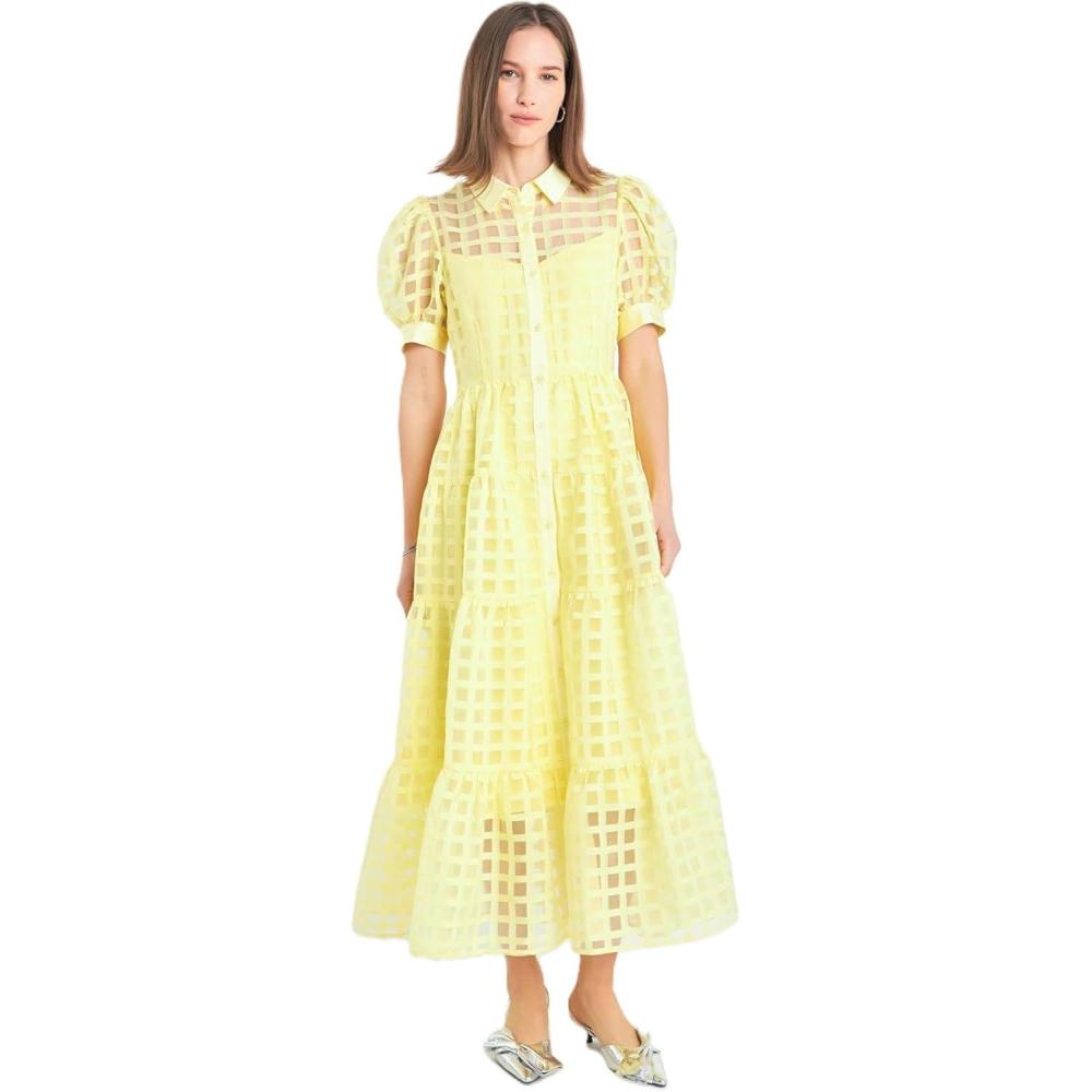 image:imageEnglish Factory Womens Gridded Organza Tiered Maxi Dress Light Yellow S