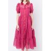 English Factory Women’s Collar Neckline Gridded Organza Tiered Short Puff Sleeve Buttoned A-Line Maxi Dress, Bordeaux, S