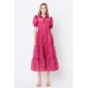 English Factory Women’s Collar Neckline Gridded Organza Tiered Short Puff Sleeve Buttoned A-Line Maxi Dress, Bordeaux, S