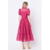 English Factory Women’s Collar Neckline Gridded Organza Tiered Short Puff Sleeve Buttoned A-Line Maxi Dress, Bordeaux, S