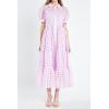 English Factory Women’s Collar Neckline Gridded Organza Tiered Short Puff Sleeve Buttoned A-Line Maxi Dress, Lilac, XS