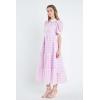 English Factory Women’s Collar Neckline Gridded Organza Tiered Short Puff Sleeve Buttoned A-Line Maxi Dress, Lilac, XS