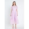 English Factory Women’s Collar Neckline Gridded Organza Tiered Short Puff Sleeve Buttoned A-Line Maxi Dress, Lilac, XS
