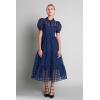 English Factory Women’s Collar Neckline Gridded Organza Tiered Short Puff Sleeve Buttoned A-Line Maxi Dress, Navy, XS