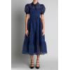 English Factory Women’s Collar Neckline Gridded Organza Tiered Short Puff Sleeve Buttoned A-Line Maxi Dress, Navy, XS