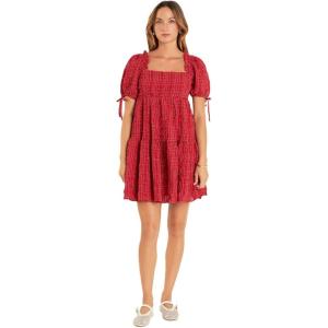 Gingham Flounce Crinkled Dress(Burgundy)