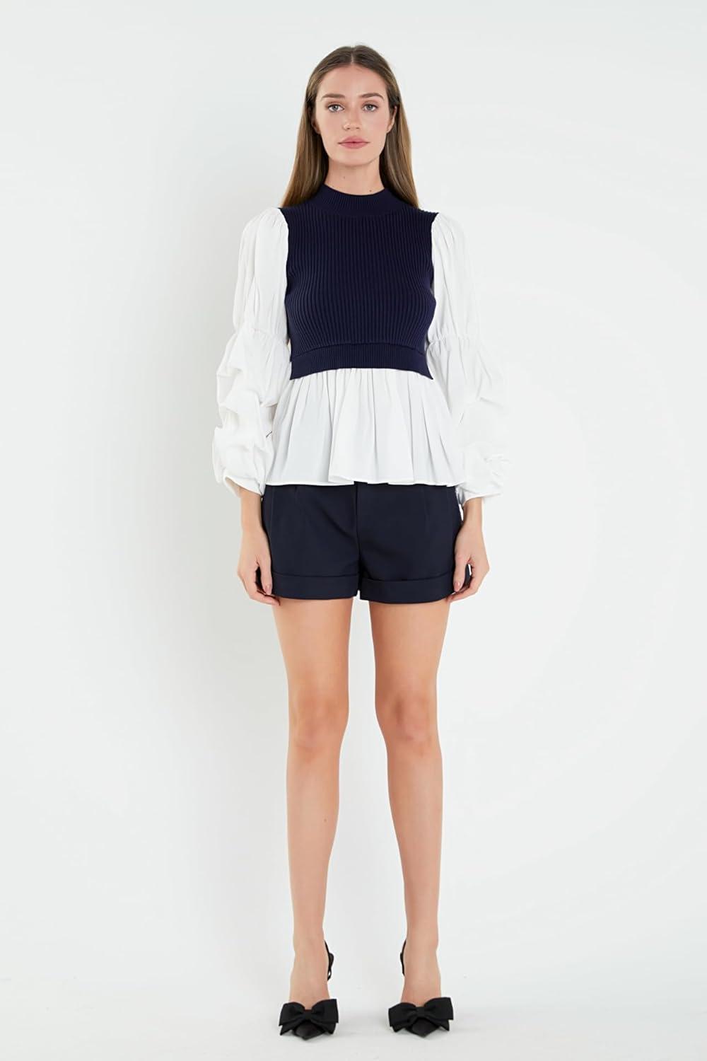 image:imageEnglish Factory Womens Mixed Media TopNavyWhite
