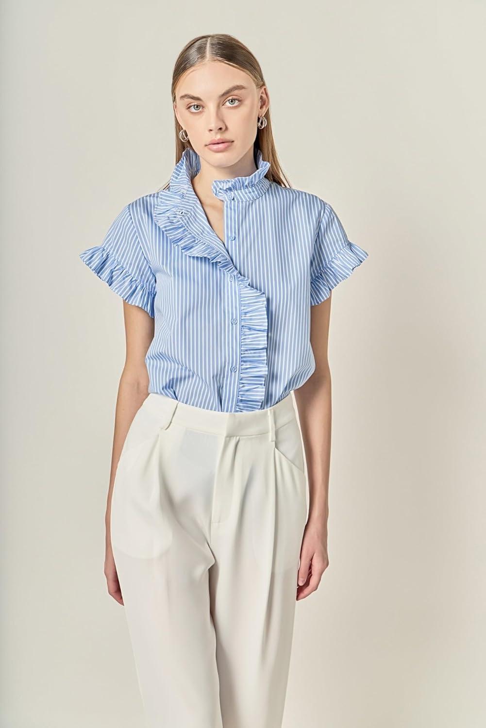 image:imageEnglish Factory Womens Ruffle Trim Striped ButtonUp ShirtBlue