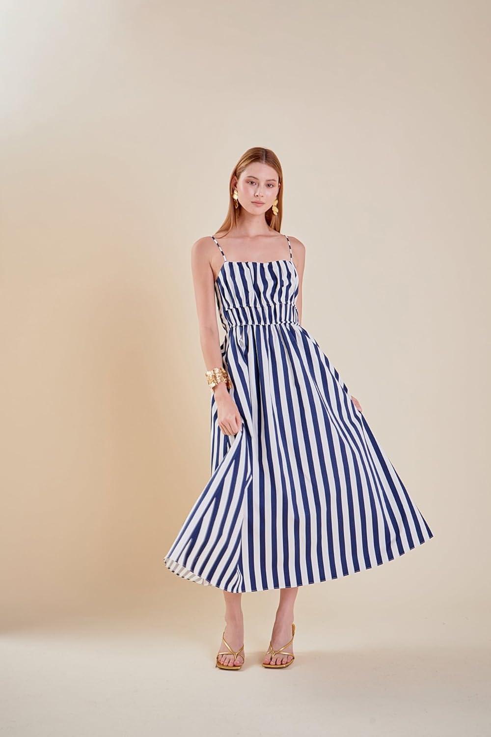 image:imageEnglish Factory Womens Stripe Sleeveless Maxi DressNavyWhite