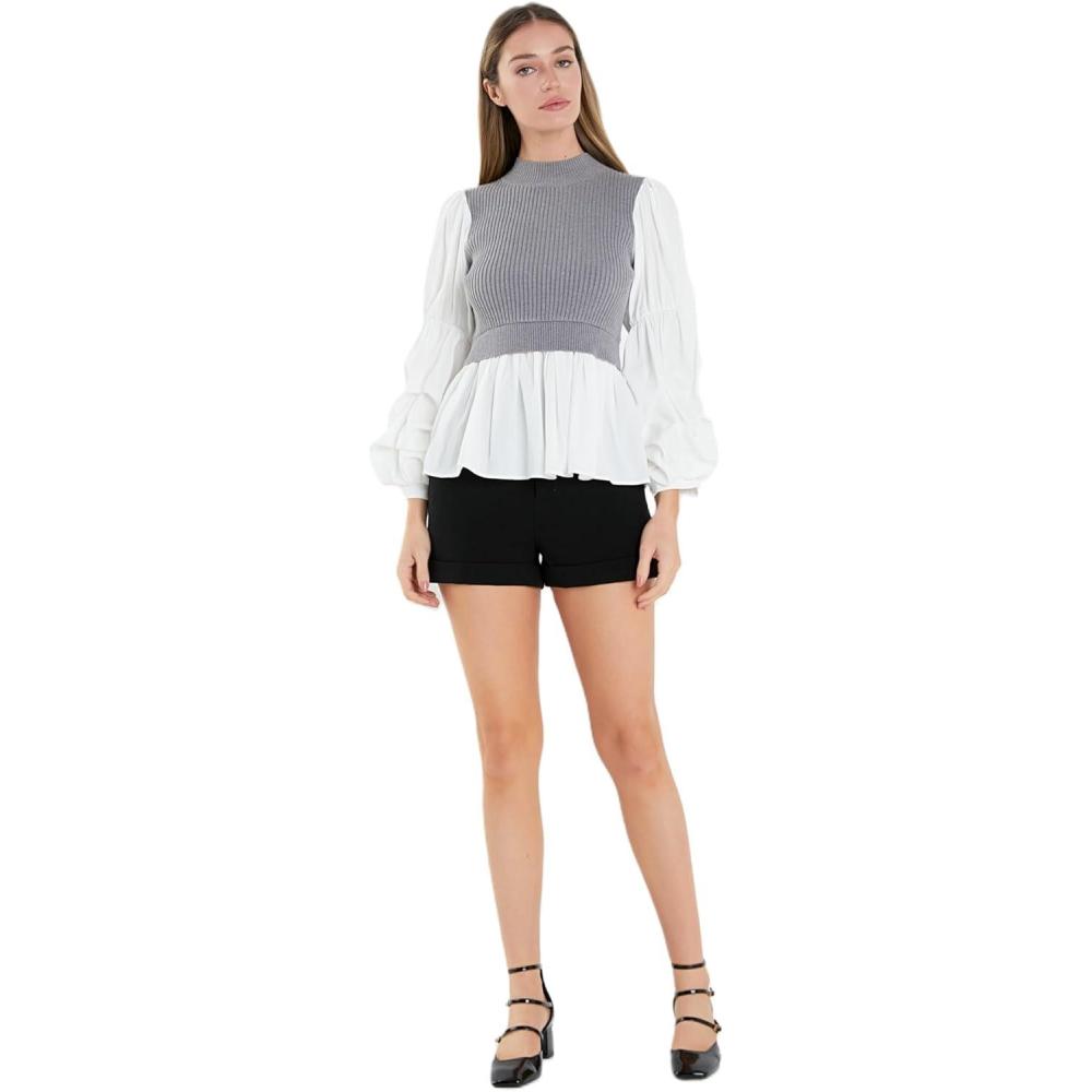 image:imageEnglish Factory Womens Mixed Media Top Heather GreyWhite S