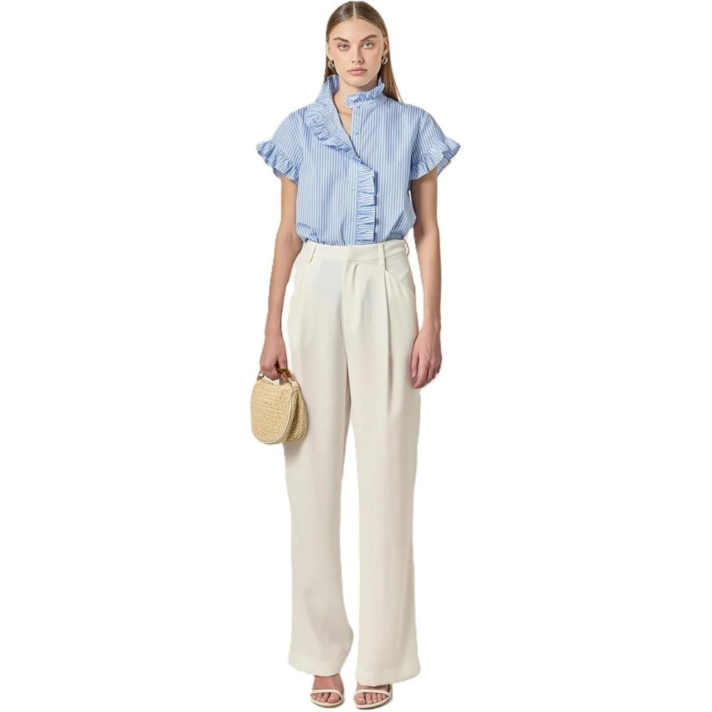 image:imageEnglish Factory Womens Ruffle Trim Striped ButtonUp ShirtBlue