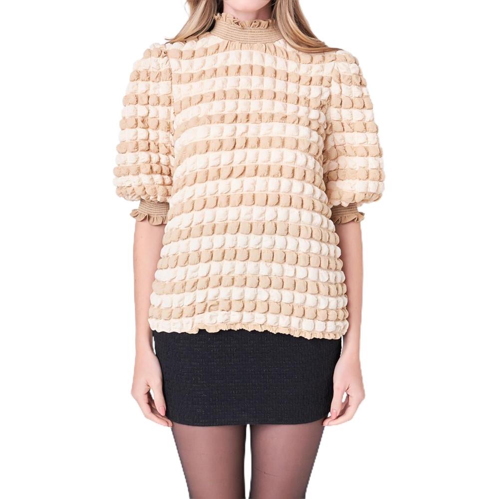 image:imageTextured Mock Neck Ruffled Short Sleeve BlouseBeige Combo