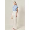 English Factory Women’s Ruffle Trim Striped Button-Up Shirt(Blue)