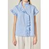 English Factory Women’s Ruffle Trim Striped Button-Up Shirt(Blue)