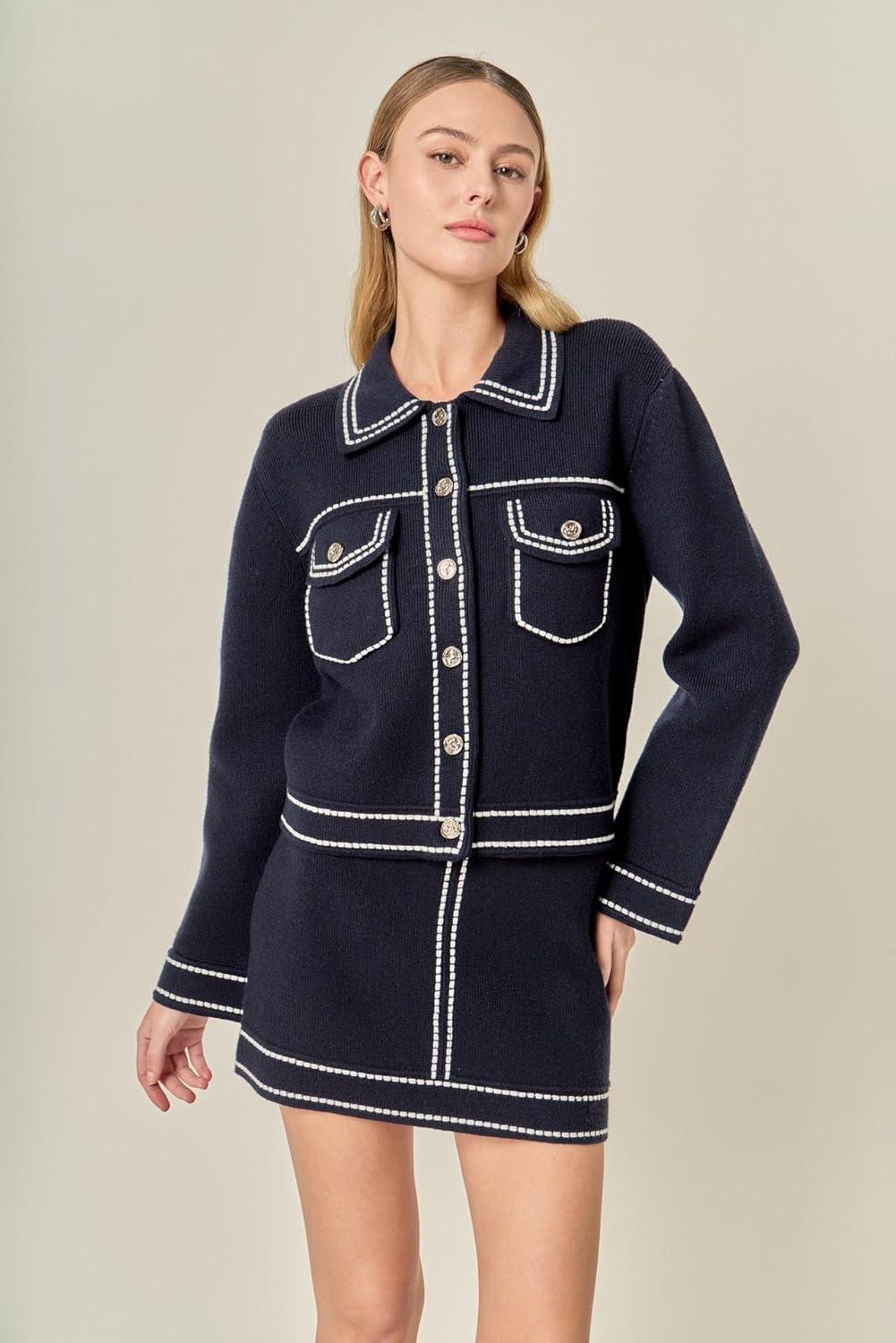 image:imageEnglish Factory Womens DenimLook Knit CardiganBlue