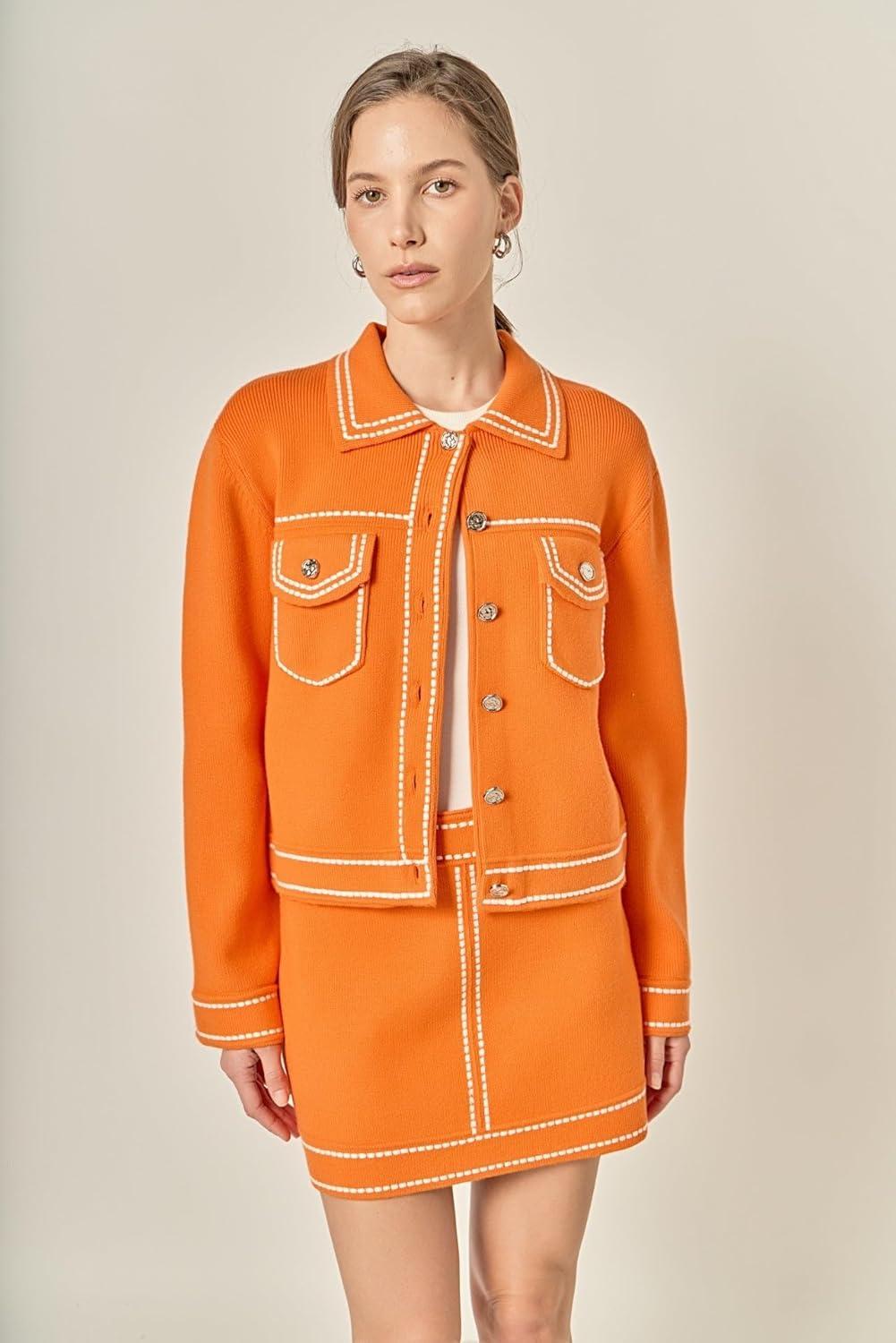 image:imageEnglish Factory Womens DenimLook Knit CardiganOrange