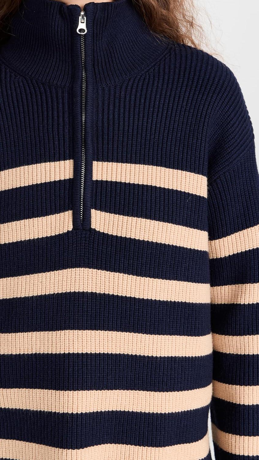 image:imageEnglish Factory Womens Striped Half Zip SweaterNavyCamel