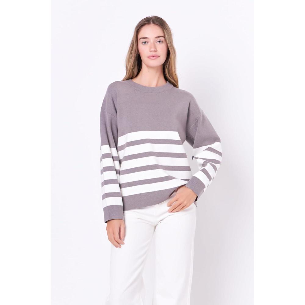 image:imageEnglish Factory Womens Stripe Round Neck Sweater Heather GreyWhite XS