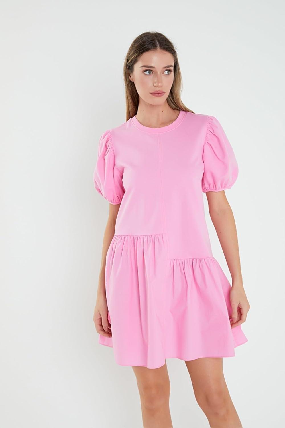 image:imageEnglish Factory Womens Knit Woven Mixed DressBubblegum Pink