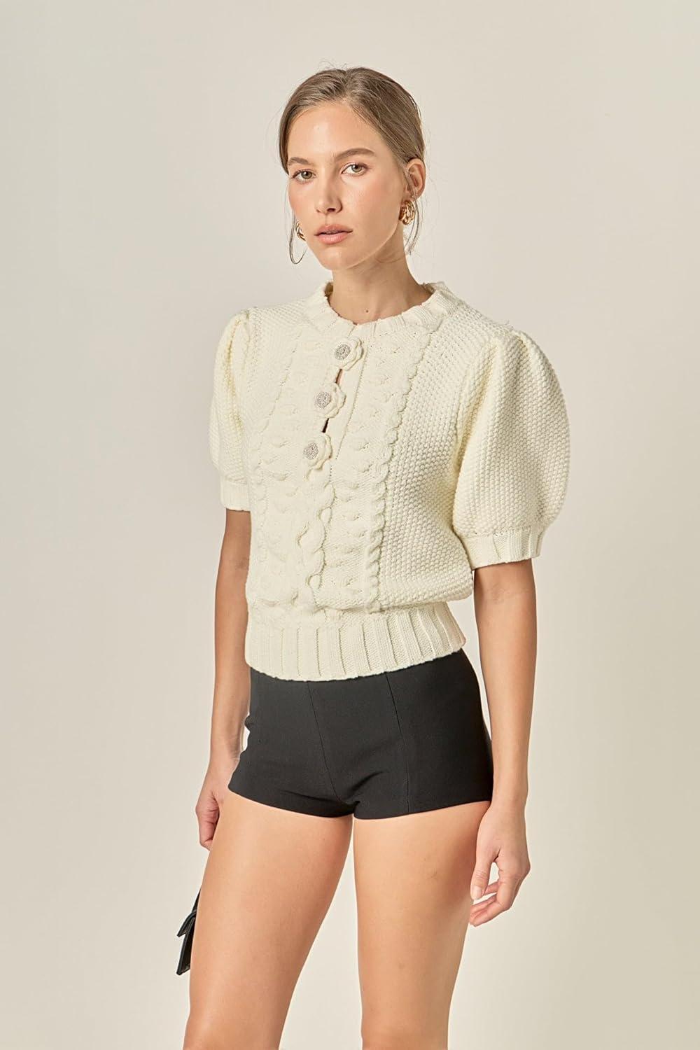 image:imageEnglish Factory Womens Cable Puff Sleeve Knit with Flower DetailsOffwhite