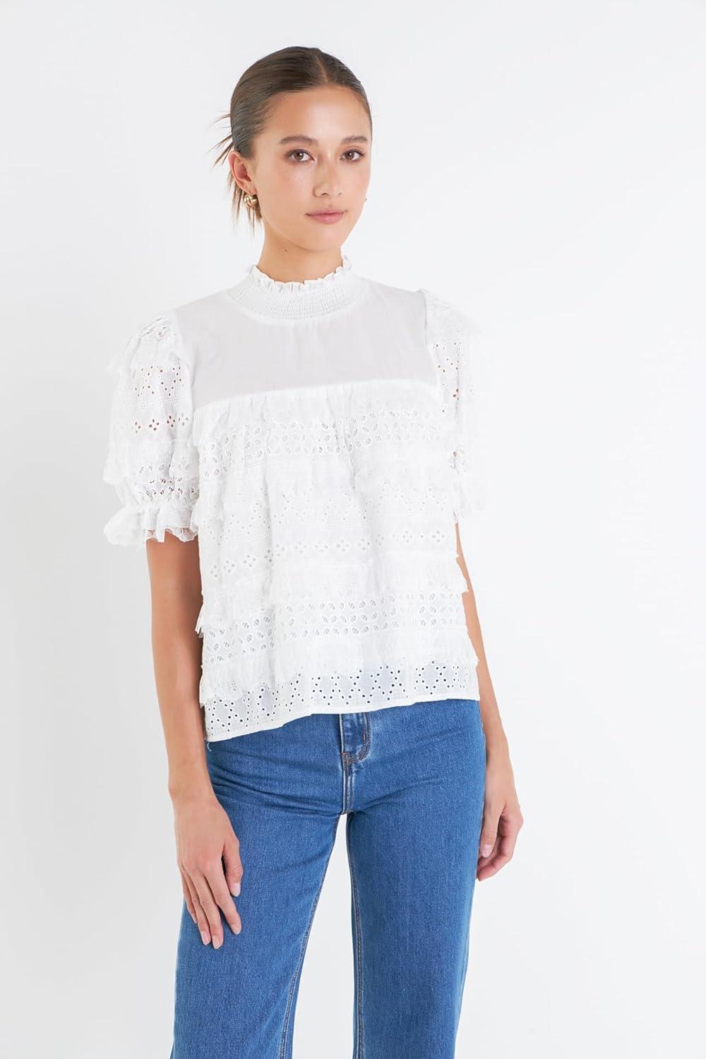 image:imageEnglish Factory Womens Short Sleeve Lace Babydoll Top Off White S