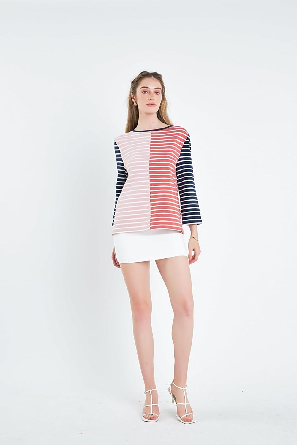 image:imageEnglish Factory Womens Striped Color Blocked 34 Length Sleeve Tee Multi S