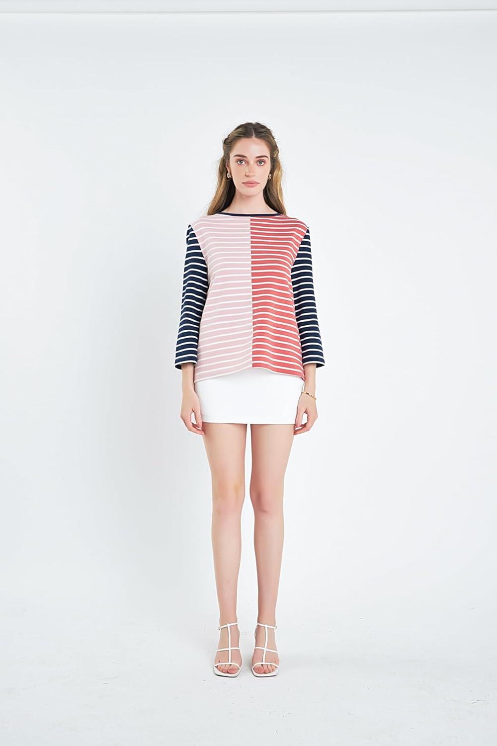 image:imageEnglish Factory Womens Striped Color Blocked 34 Length Sleeve Tee Multi S
