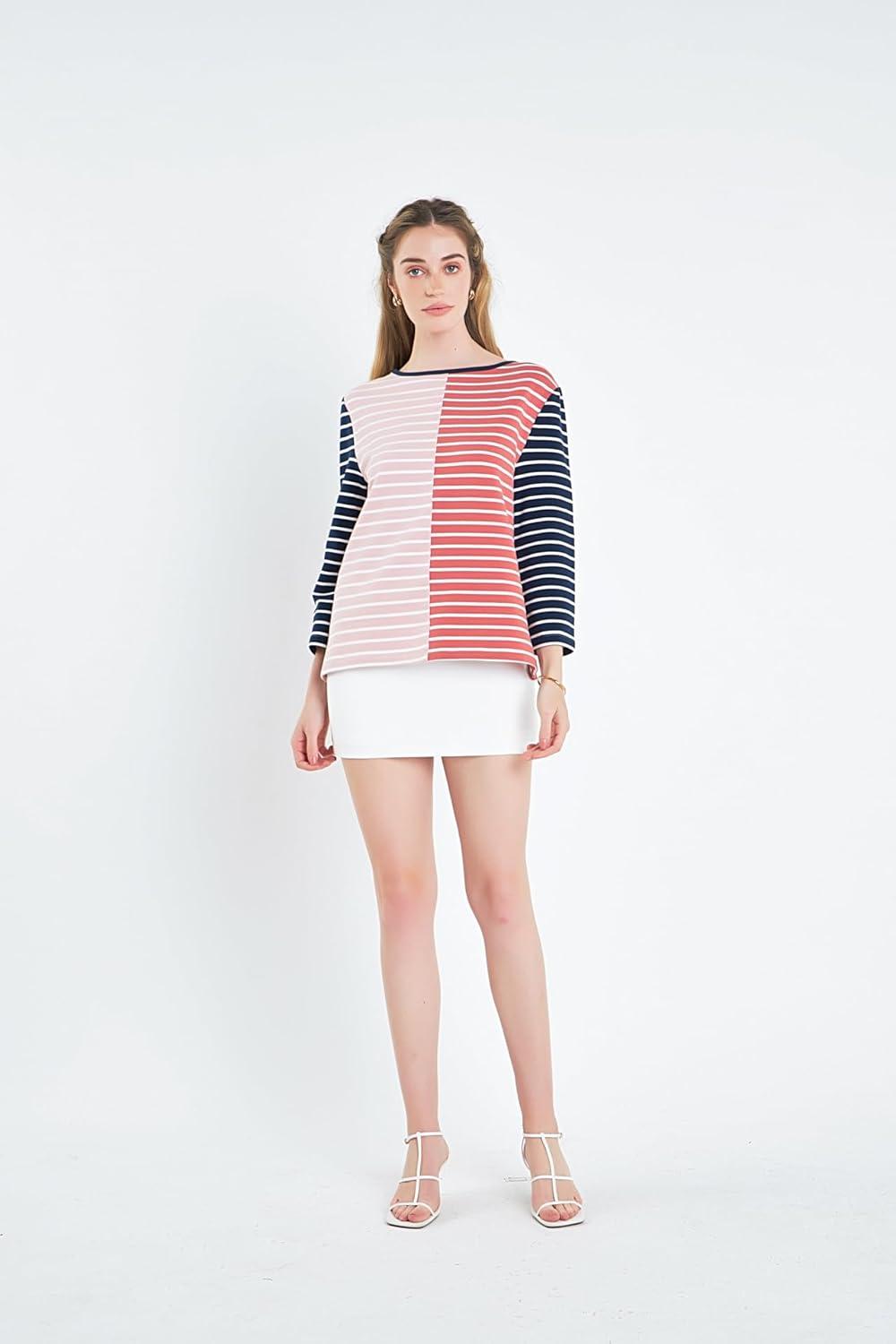 image:imageEnglish Factory Womens Striped Color Blocked 34 Length Sleeve Tee Multi S