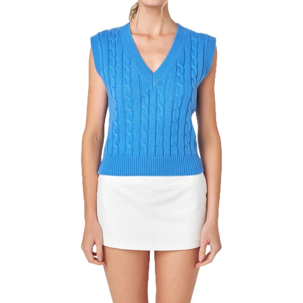 image:imageEnglish Factory Womens Cable Knit Chunky Vest Blue M