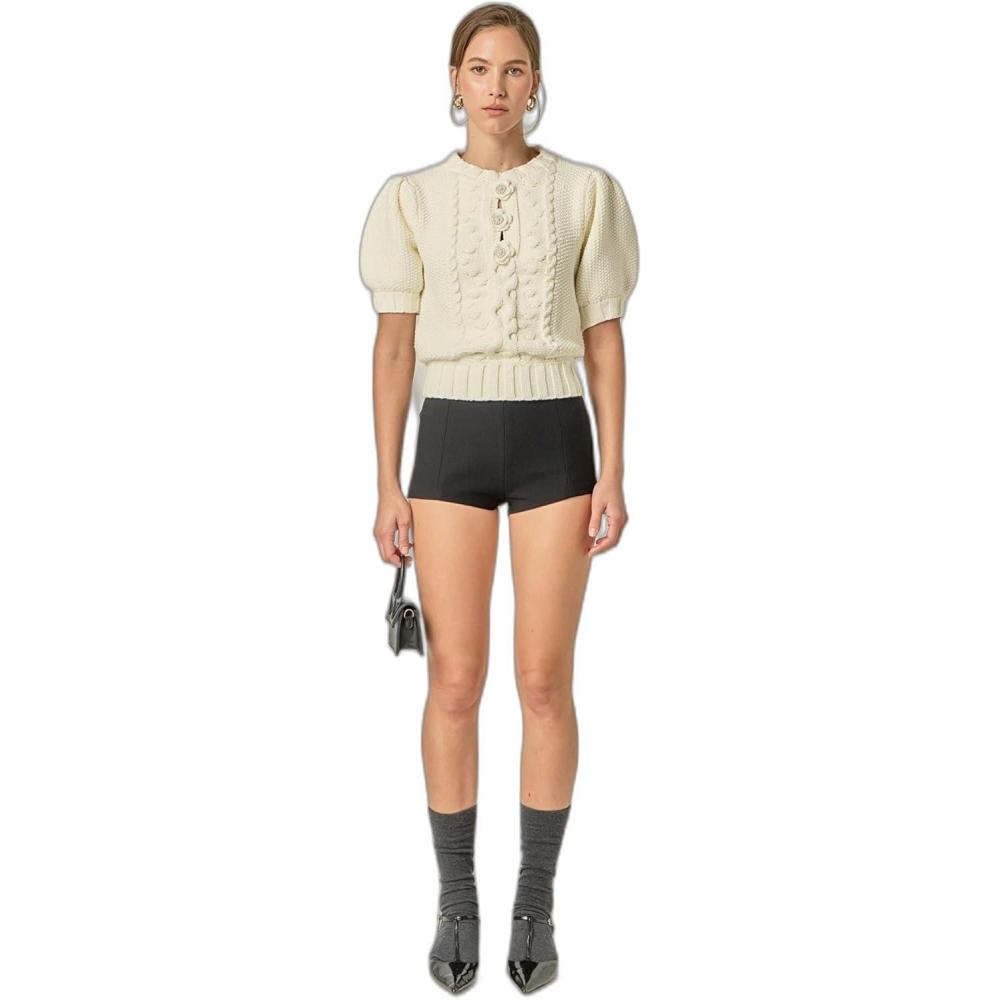 image:imageEnglish Factory Womens Cable Puff Sleeve Knit with Flower DetailsOffwhite