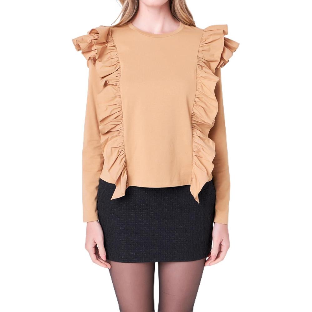image:imageEnglish Factory Womens Poplin Ruffle Detail Tshirt Top Tan M